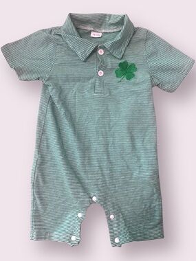 Baby Green Striped Polo Romper Shamrock Patch 12-18M
